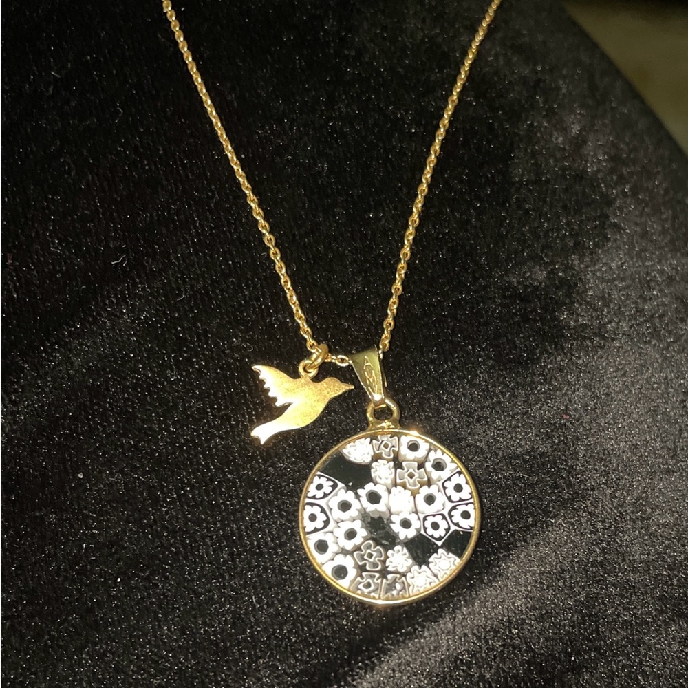 925 Sterling Silver Black And White Millefiori Dove Charm Necklace